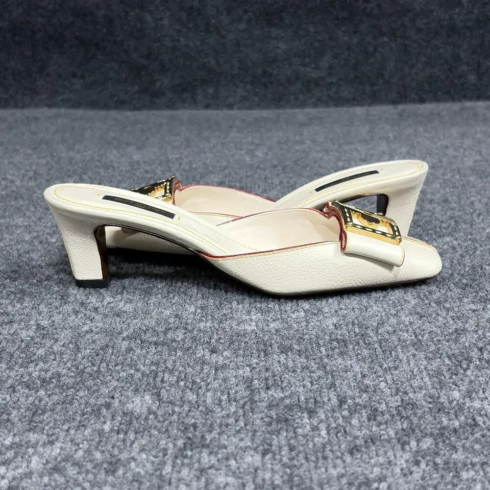 Louis Vuitton Shoes Womens 6 White Suhali Leather Flower Buckle Mule Kitten Heel